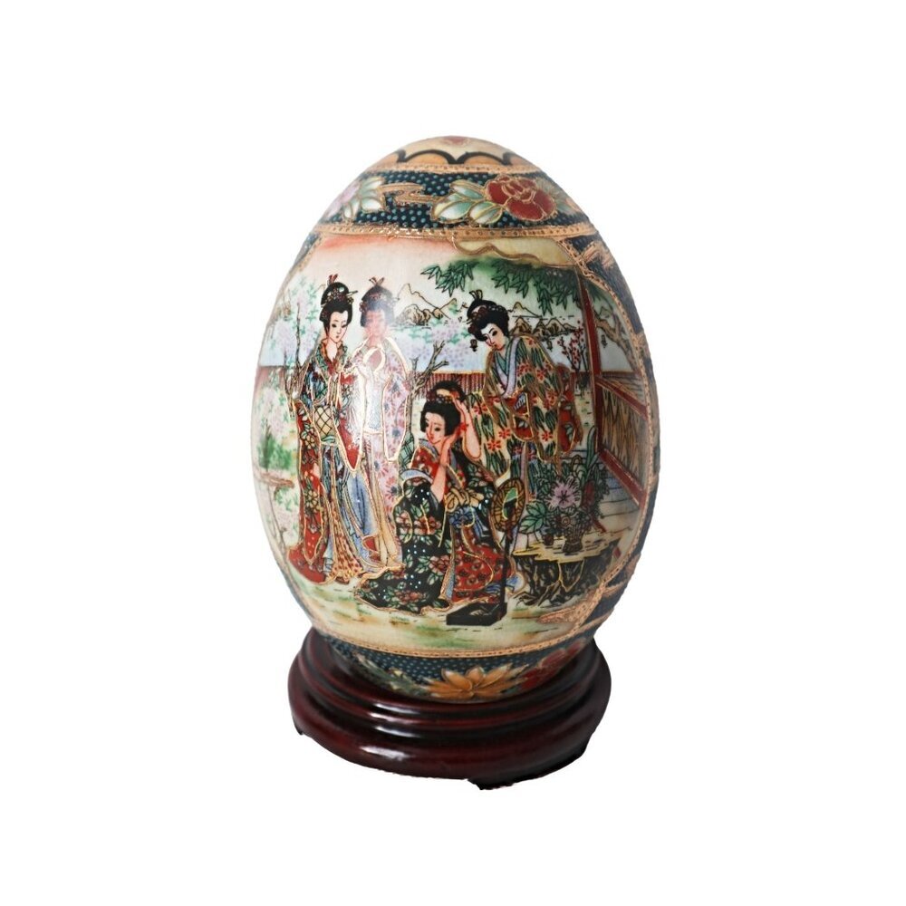 Vintage Satsuma Geisha 5 3/4" Porcelain Egg With Wood Stand